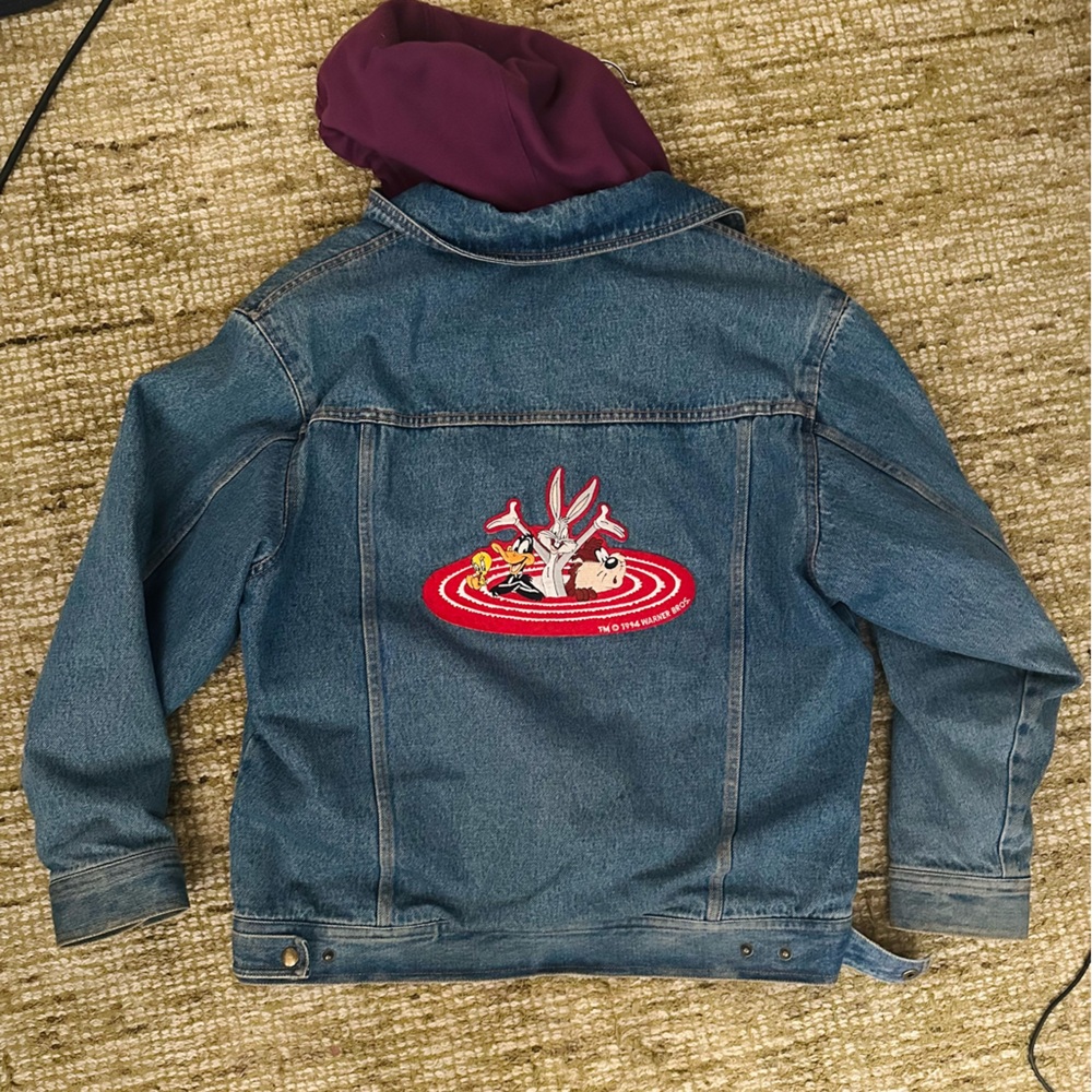 Sz L Men's Looney Tunes Characters Denim Hoodie Jean  Vintage Jacket Warner Bros